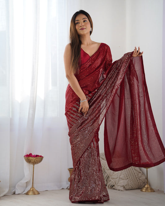 Solid Striped Embellished Sequinned Pure Georgette Saree