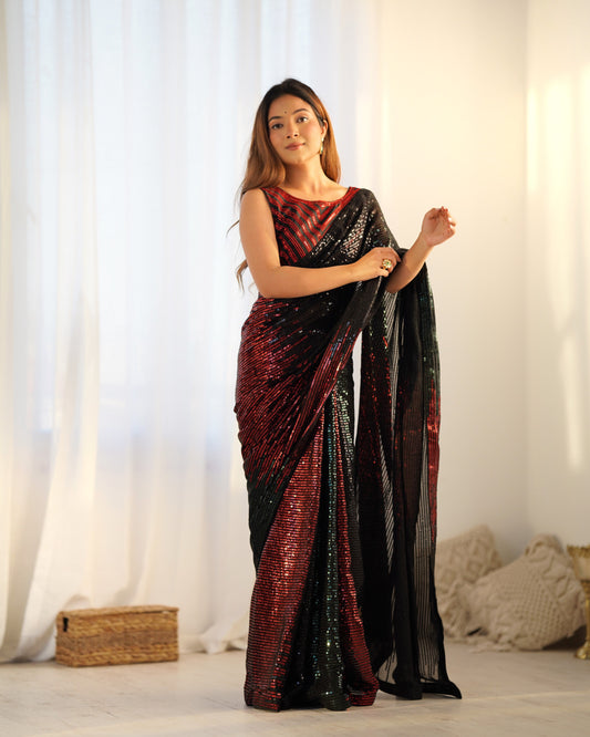 Black & Red Embellished Sequinned Pure Georgette Saree