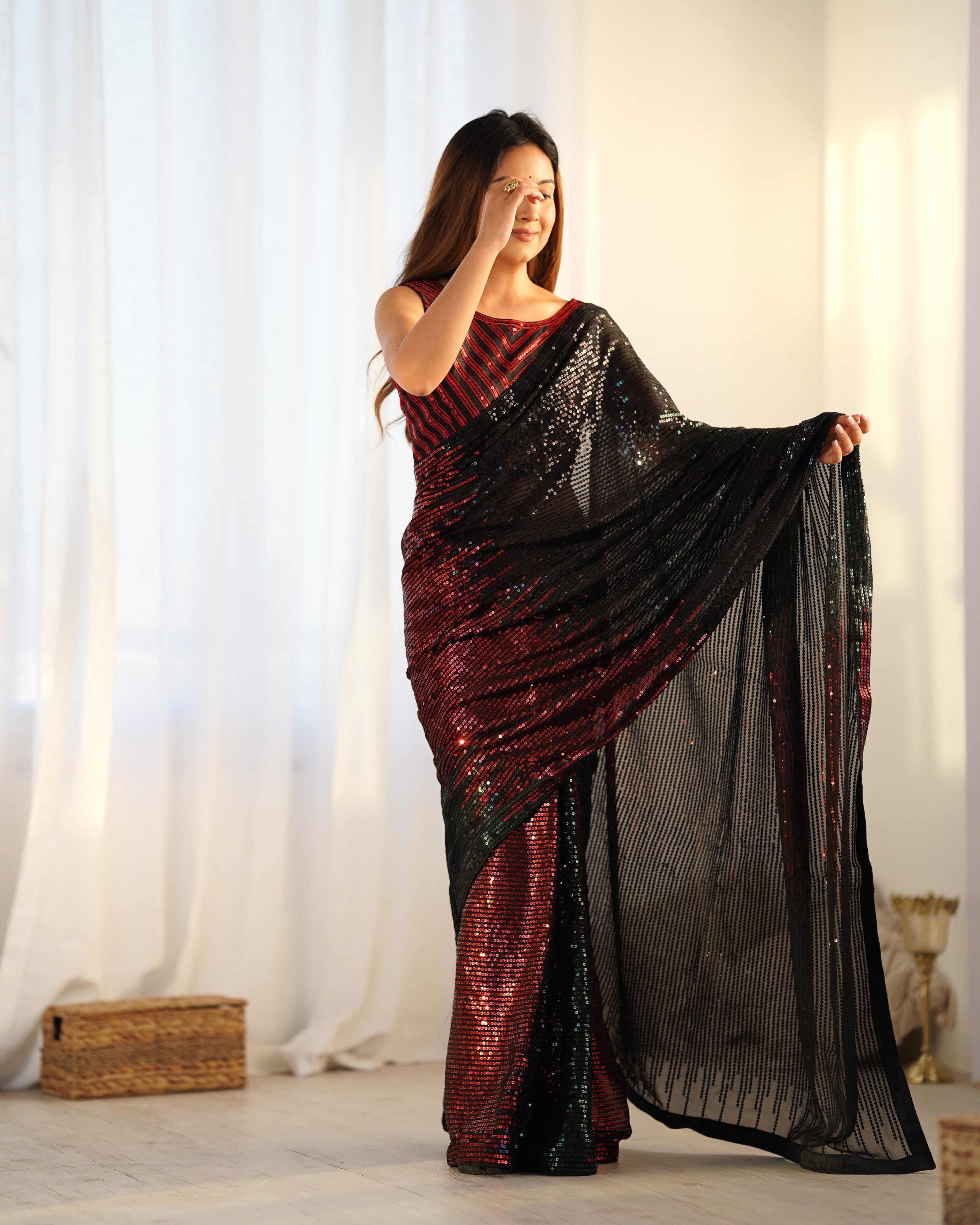 Black & Red Embellished Sequinned Pure Georgette Saree