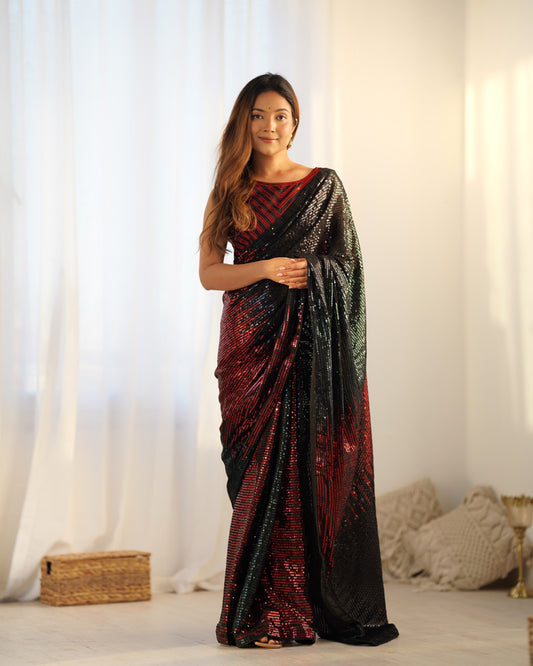 Black & Red Embellished Sequinned Pure Georgette Saree