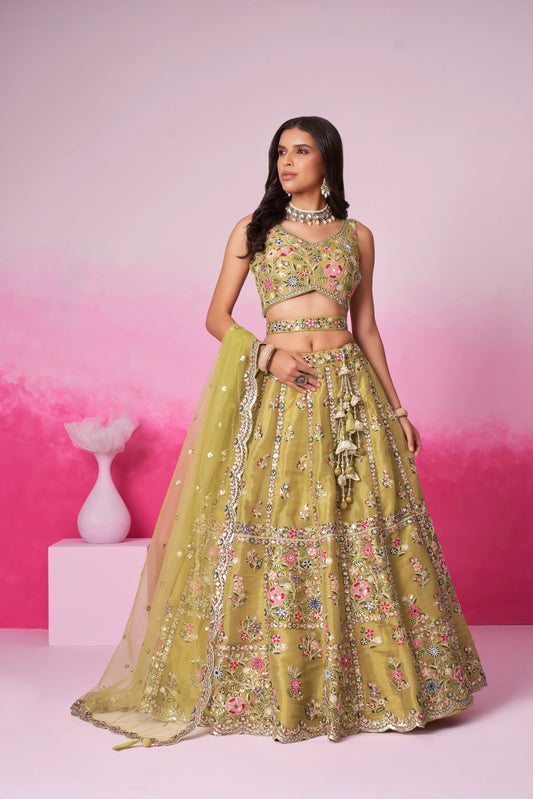 Mustard Moti, Sequins embroidery Lehenga Set