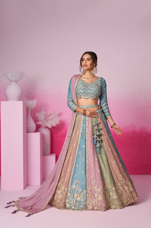 Turquoise Blue & Multi colour Georgette Sequins embroidery Lehenga Set