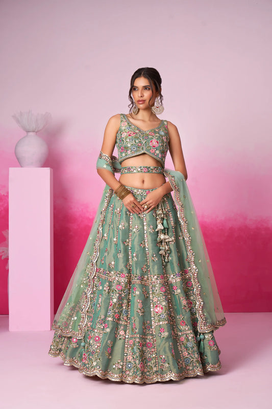 Sage Green  Moti, Sequins embroidery Lehenga Set