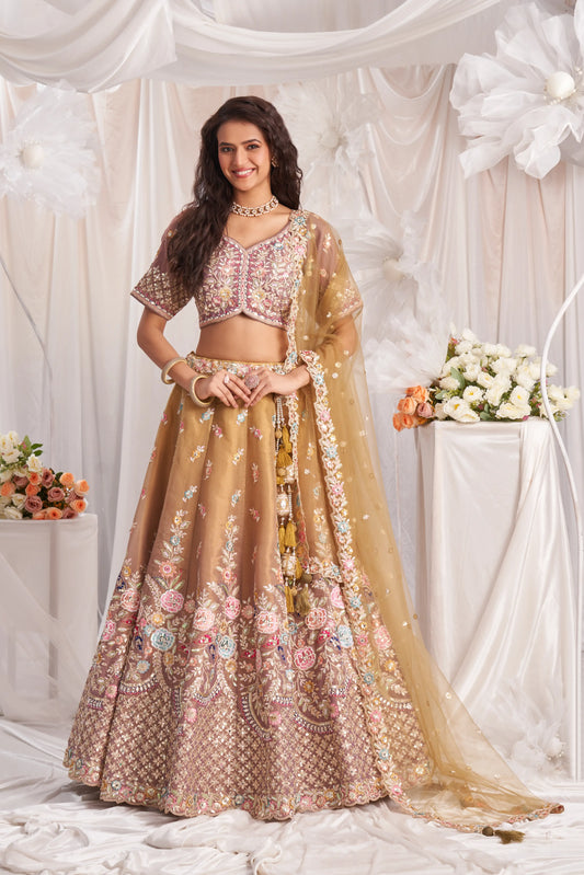 Rose gold Bridel net and Gotapatti & Moti embroidery Lehenga Set