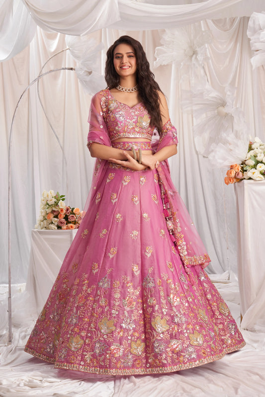 Pink Organza Sequins embroidery Lehenga Set