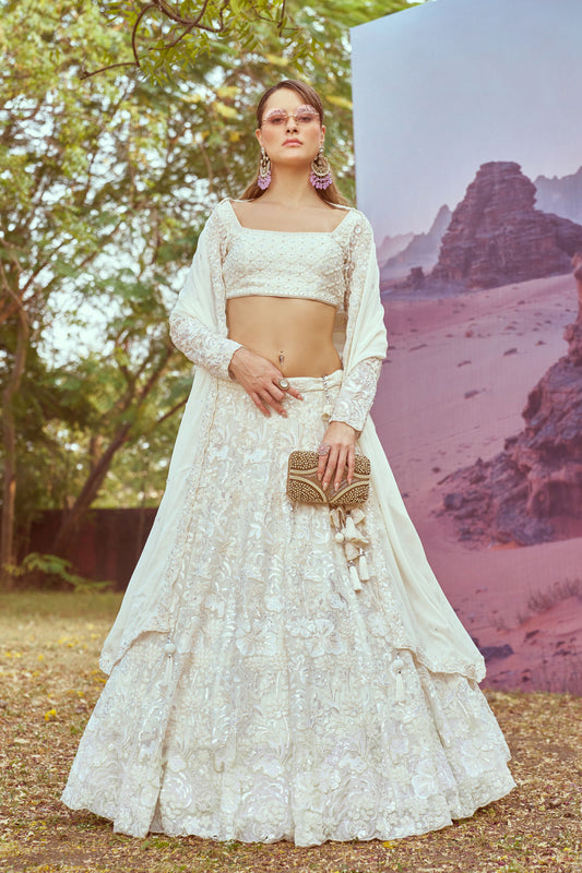 Cream Georgette Beads embroidery Lehenga choli & Dupatta