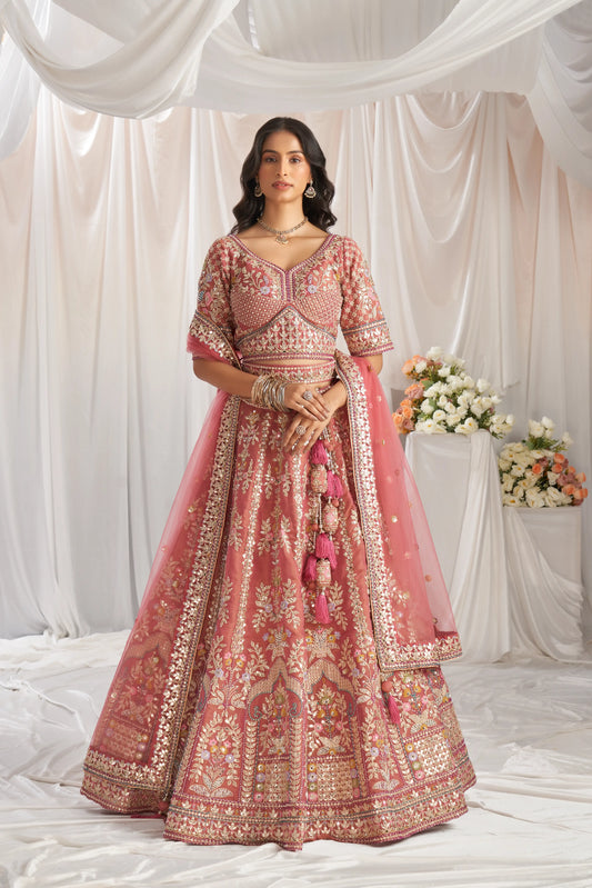 Rose gold Bridel net and Gotapatti & Moti embroidery Lehenga Set