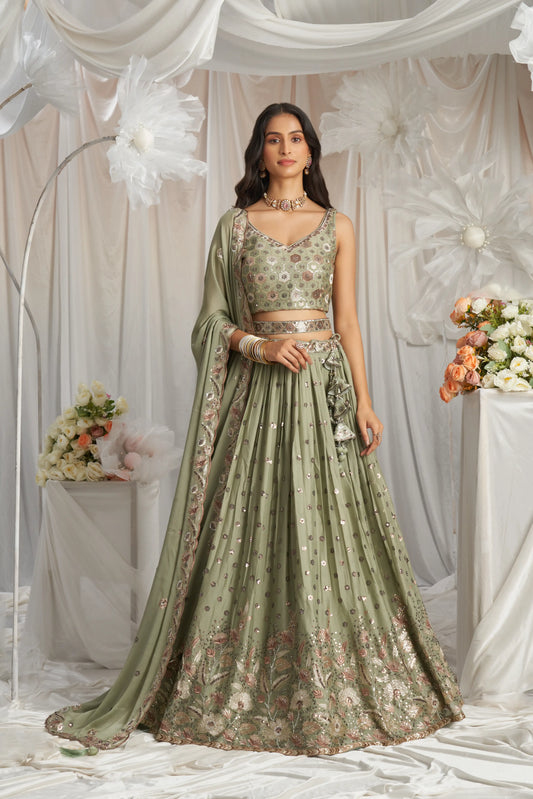 Lime Green Georgette Sequin embroidery Lehenga Set