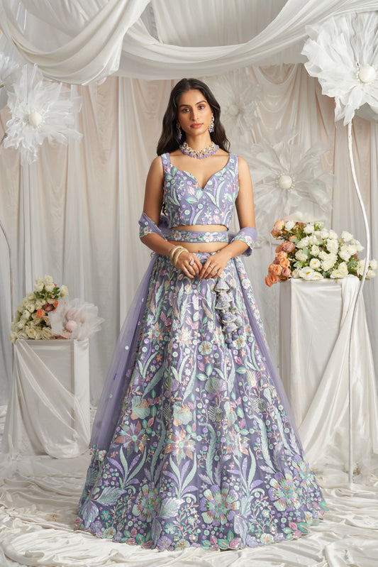 Mauve Net Sequins embroidery Lehenga Set