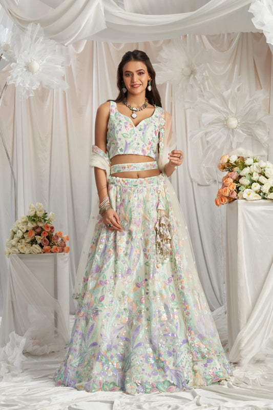 Cream Net Sequins embroidery Lehenga Set