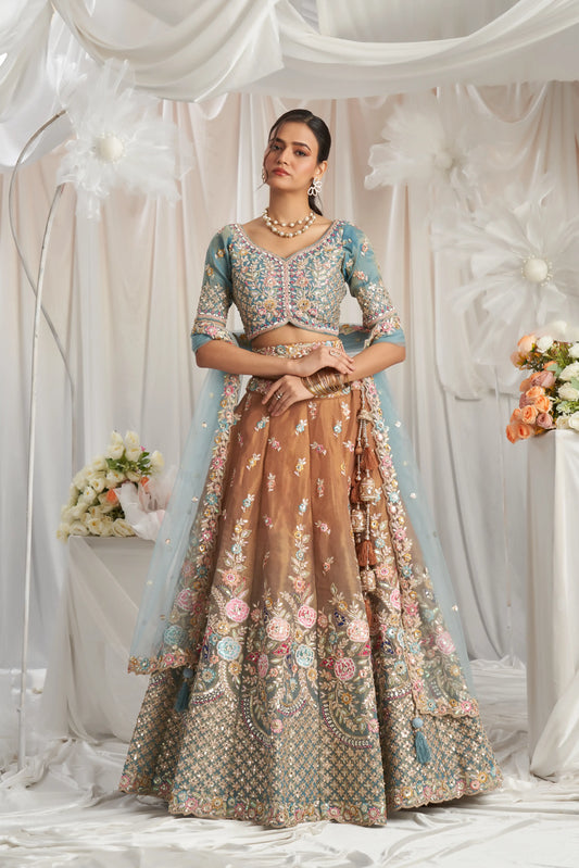 Turquoise blue Bridel net and Gotapatti & Moti embroidery Lehenga Set