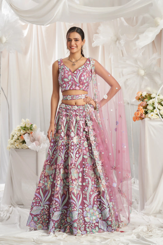 Rose gold Net Sequins embroidery Lehenga Set