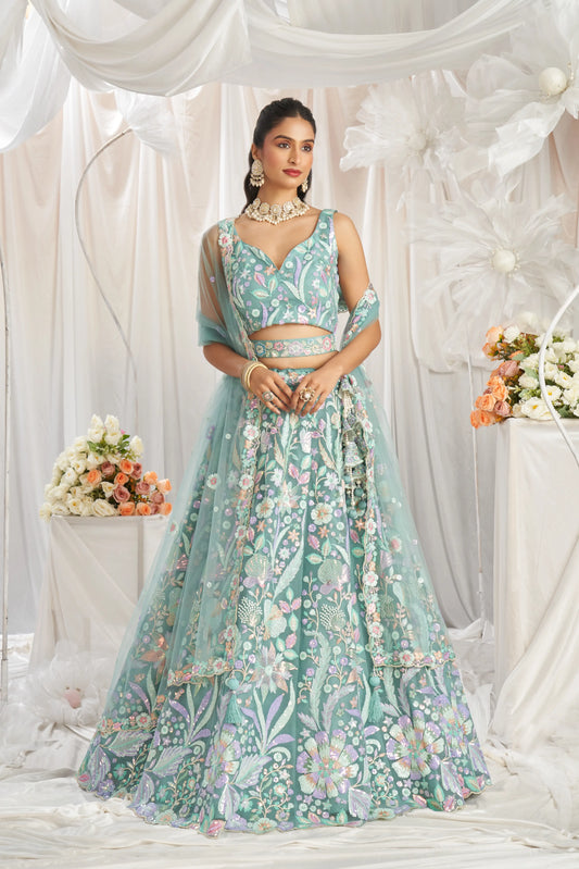 Lime Green Net Sequins embroidery Lehenga Set