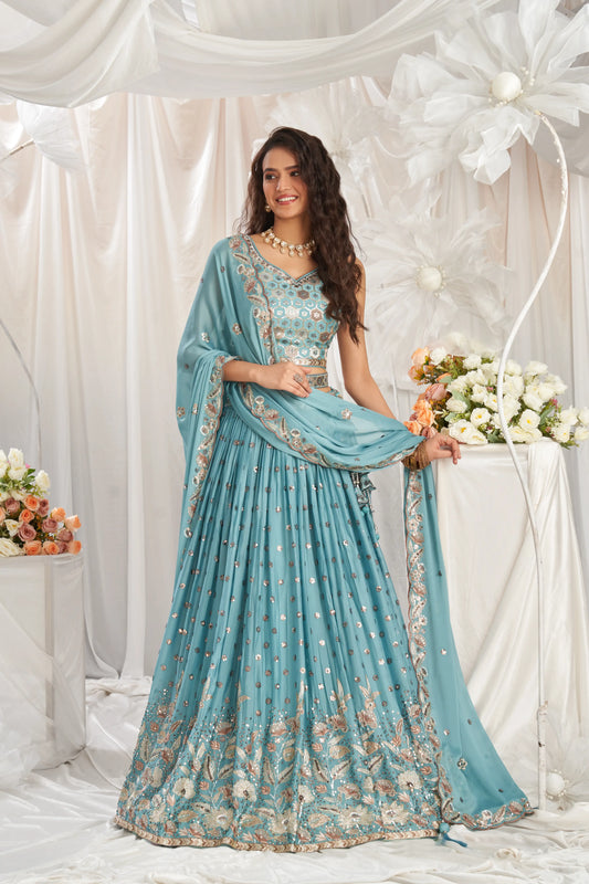 Turquoise blue Georgette Sequin embroidery Lehenga Set