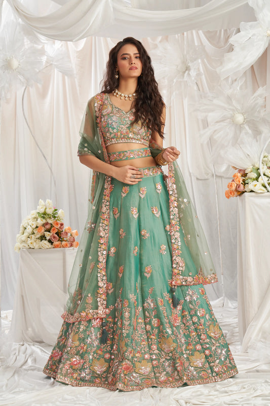 Lime green Organza Sequins embroidery Lehenga Set