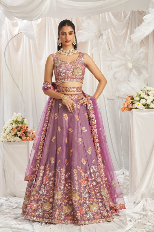 Lavender Organza Sequins embroidery Lehenga Set