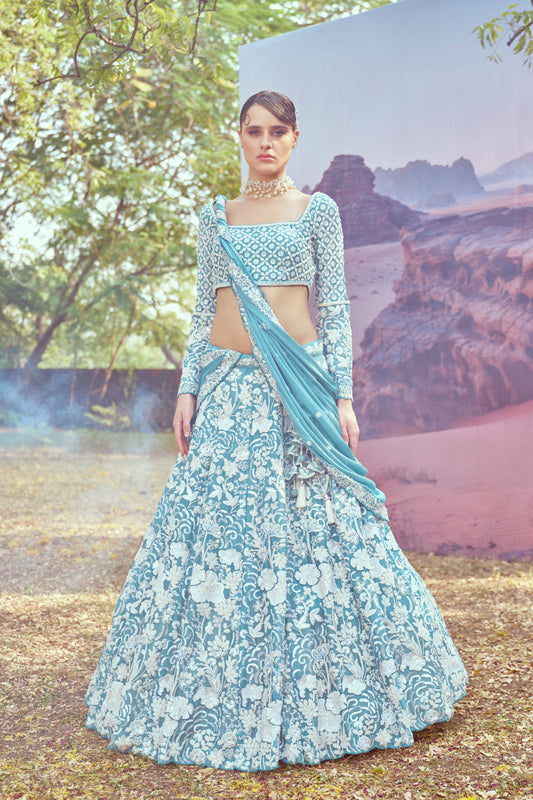 Turquoise blue Georgette Beads embroidery Lehenga choli & Dupatta