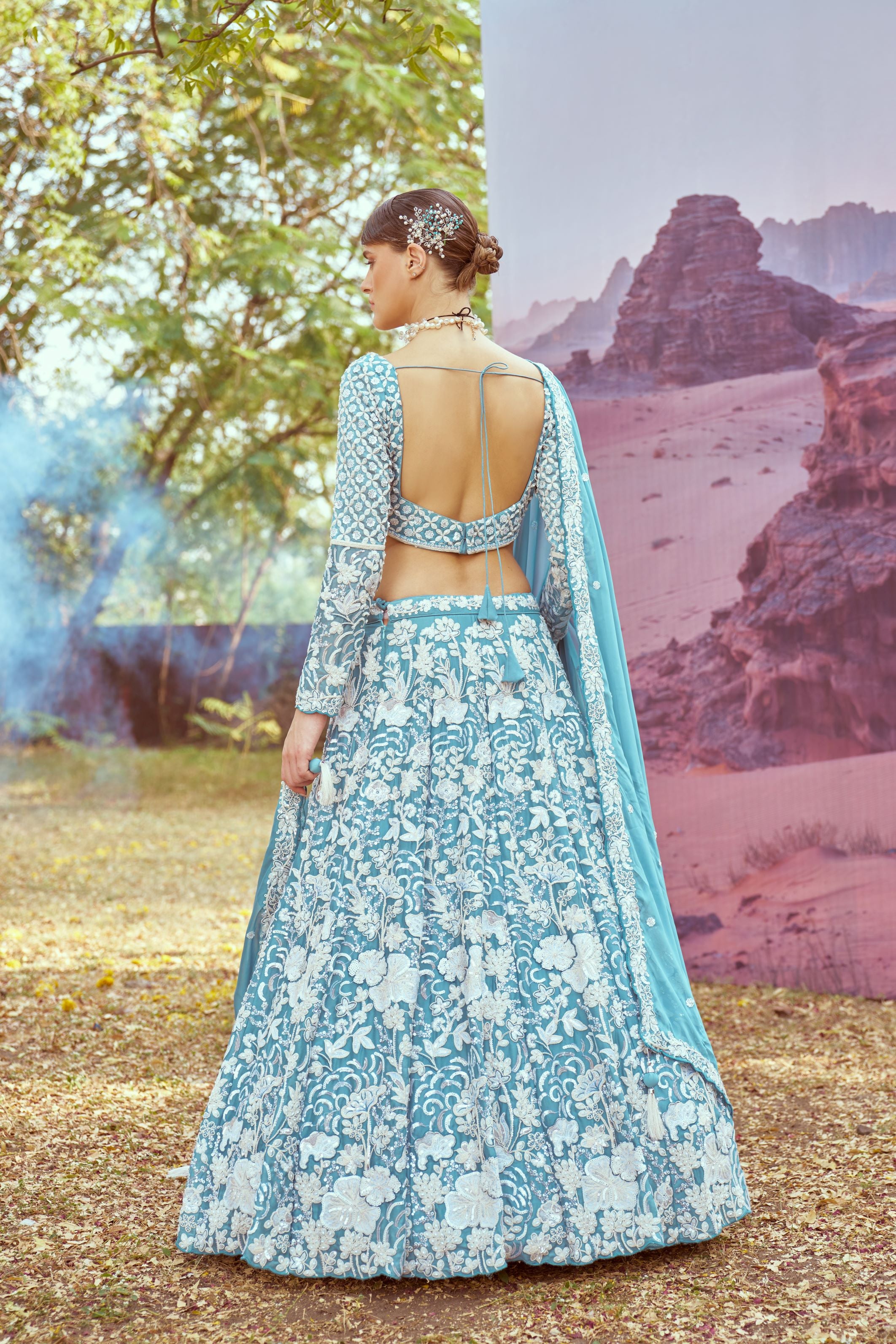 Turquoise blue Georgette Beads embroidery Lehenga choli & Dupatta