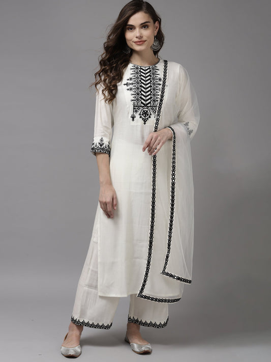 Women White Embroidered Straight Kurta With Palazzo With Dupatta Set