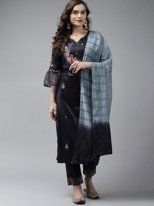 Women Grey Embroidered Straight Kurta Trouser With Dupatta Set