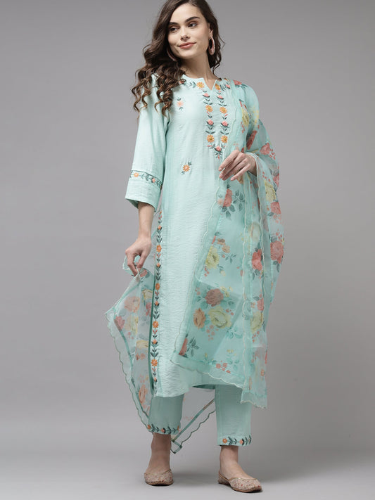 Women Sea Green Embroidered Straight Kurta Trouser With Dupatta Set