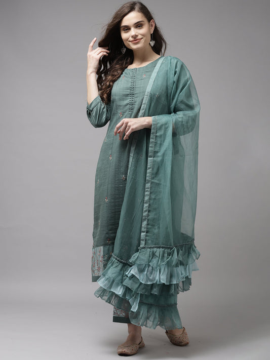 Women Sea Green Embroidered Straight Kurta Trouser With Dupatta Set