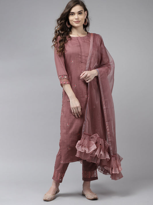 Women Mauve Embroidered Straight Kurta Trouser With Dupatta Set