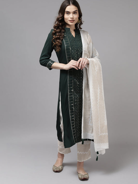 Women Green Embroidered Straight Kurta Trouser With Dupatta Set