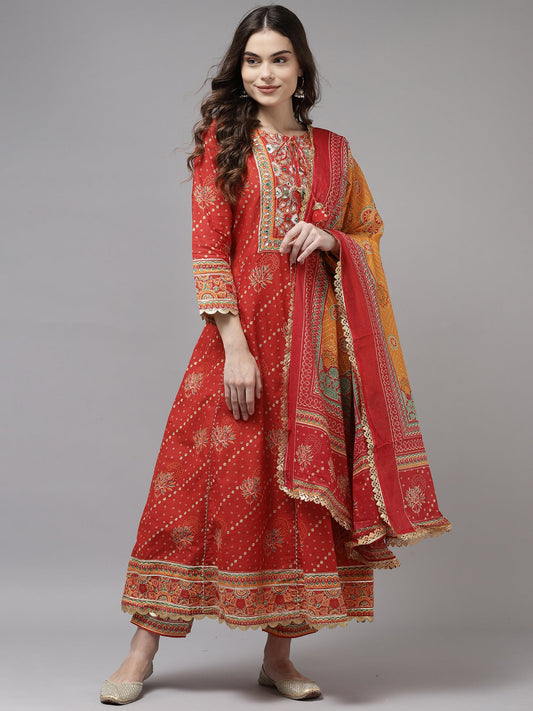 Women Red Embroidered A-Line Kurta Trouser With Dupatta Set