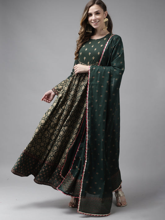 Women Green Printed A-Line Kurta Trouser With Dupatta Set