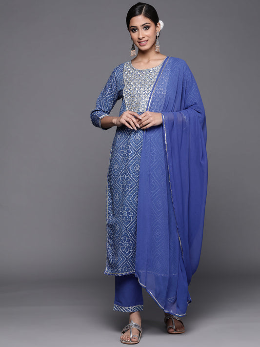 Women Navy Blue Printed Straight Kurta Palazzo With Dupatta Set