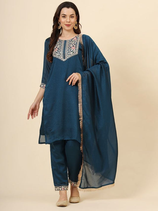 Teal Blue Vichitra Silk Designer Embroidery Work Ethnic Readymade Salwar