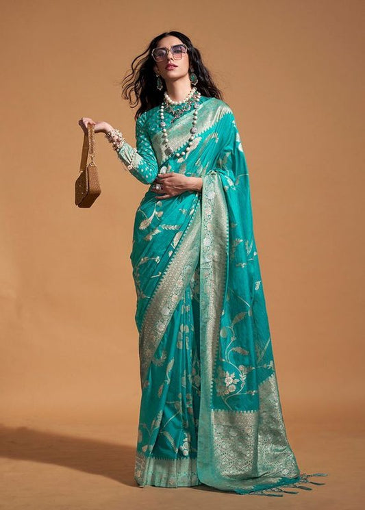 Aqua Blue Woven Ethnic Sarees