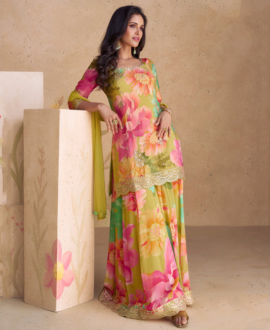 Pista Green Party Wear Floral Printed Sharara Suit