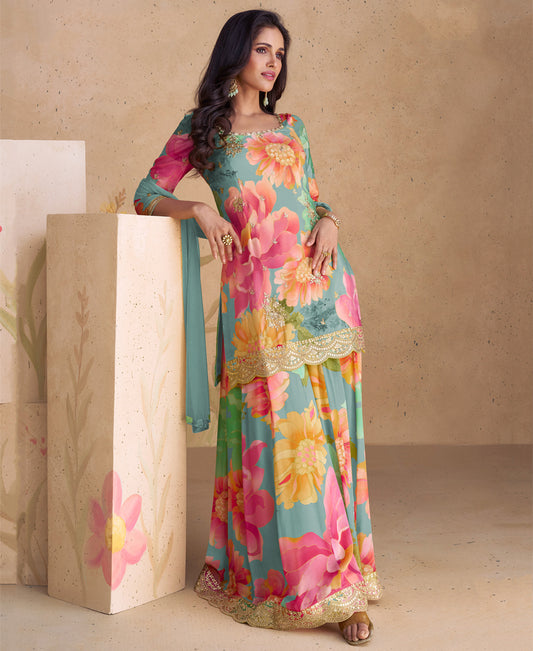 Sky Blue Party Wear Floral Printed Sharara Suit