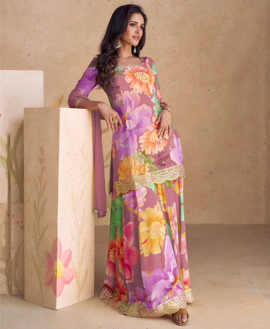 Pink Party Wear Floral Printed Sharara Suit