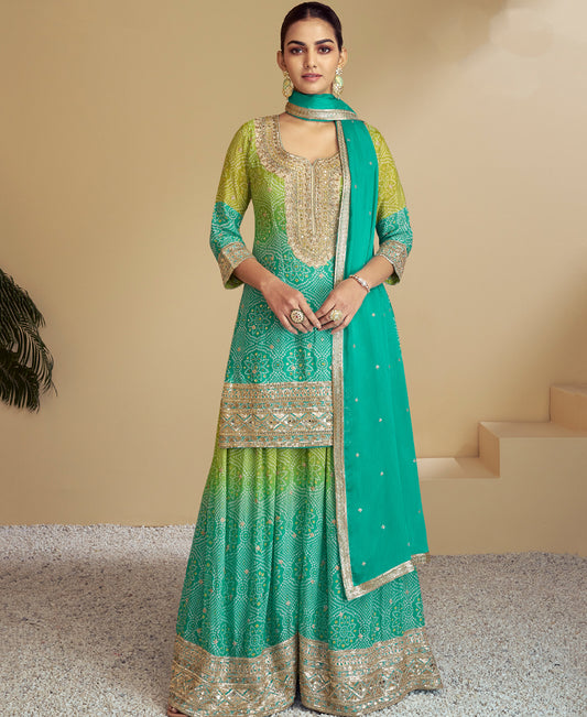 Sea Green Bandhni Printed Traditional Suit Set For Women