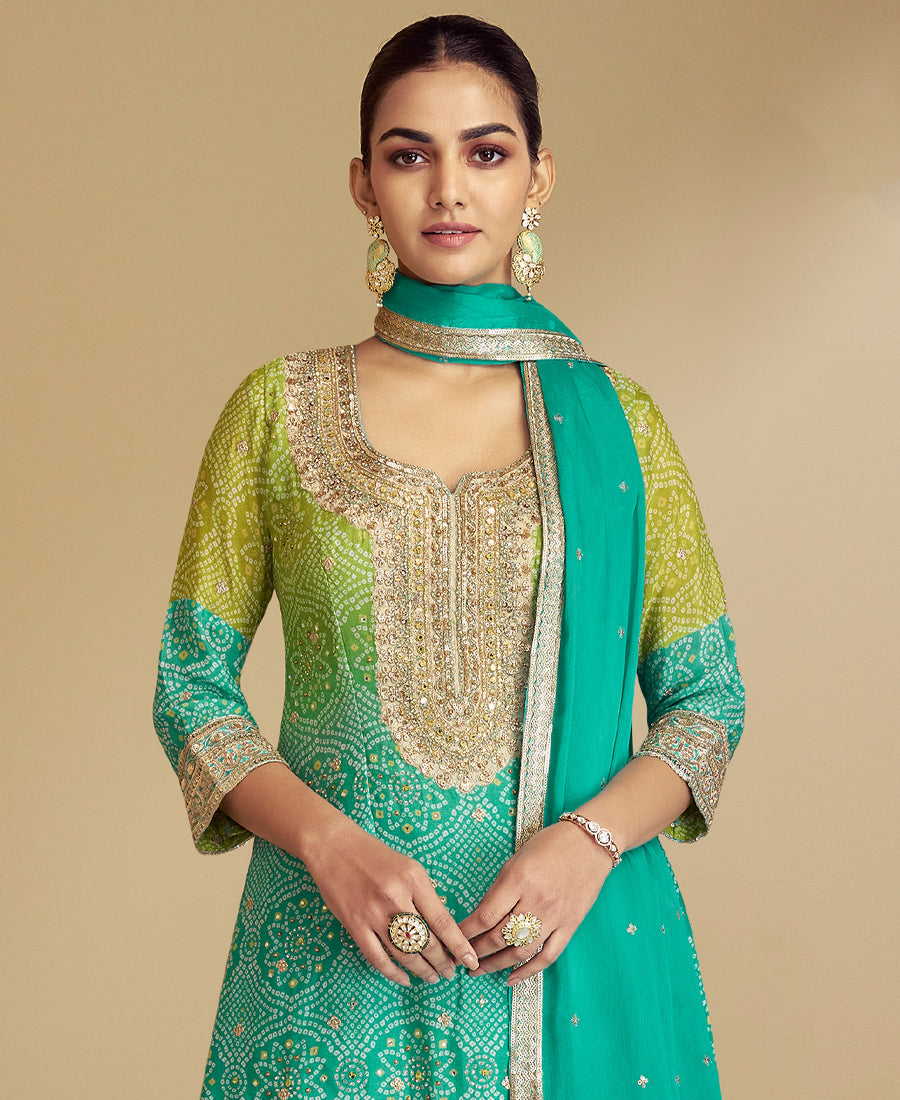 Sea Green Bandhni Printed Traditional Suit Set For Women