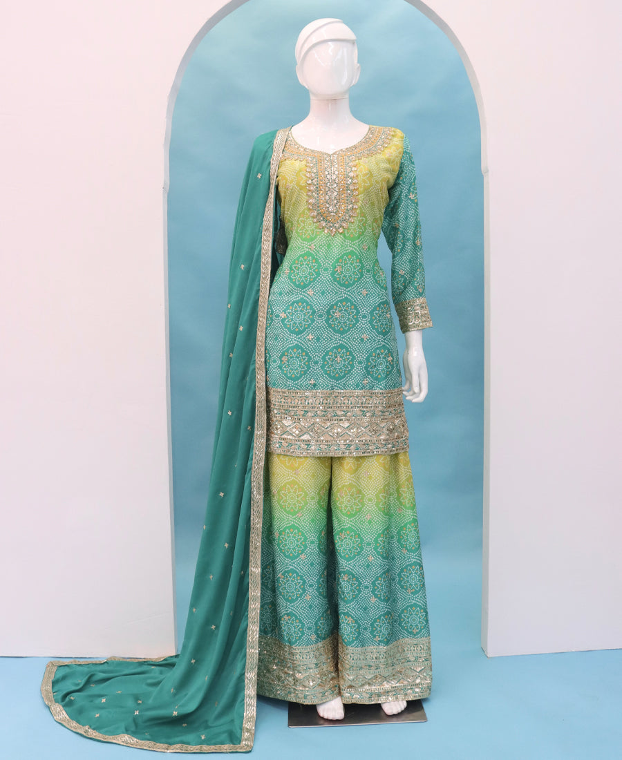Sea Green Bandhni Printed Traditional Suit Set For Women