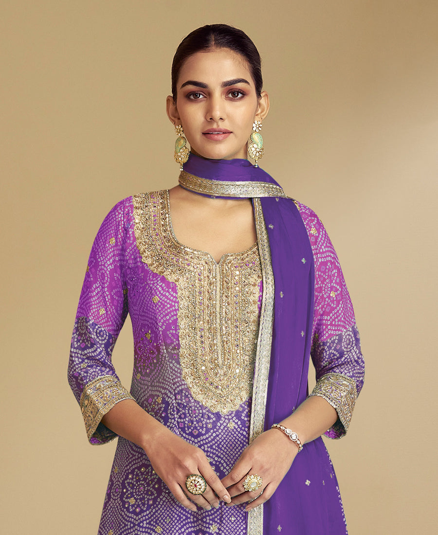 Lilac Bandhni Printed Traditional Suit Set For Women