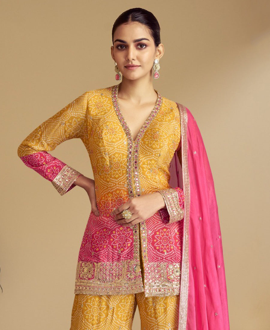 Pink Bandhni Printed Sharara Suit For Women Festival Wear