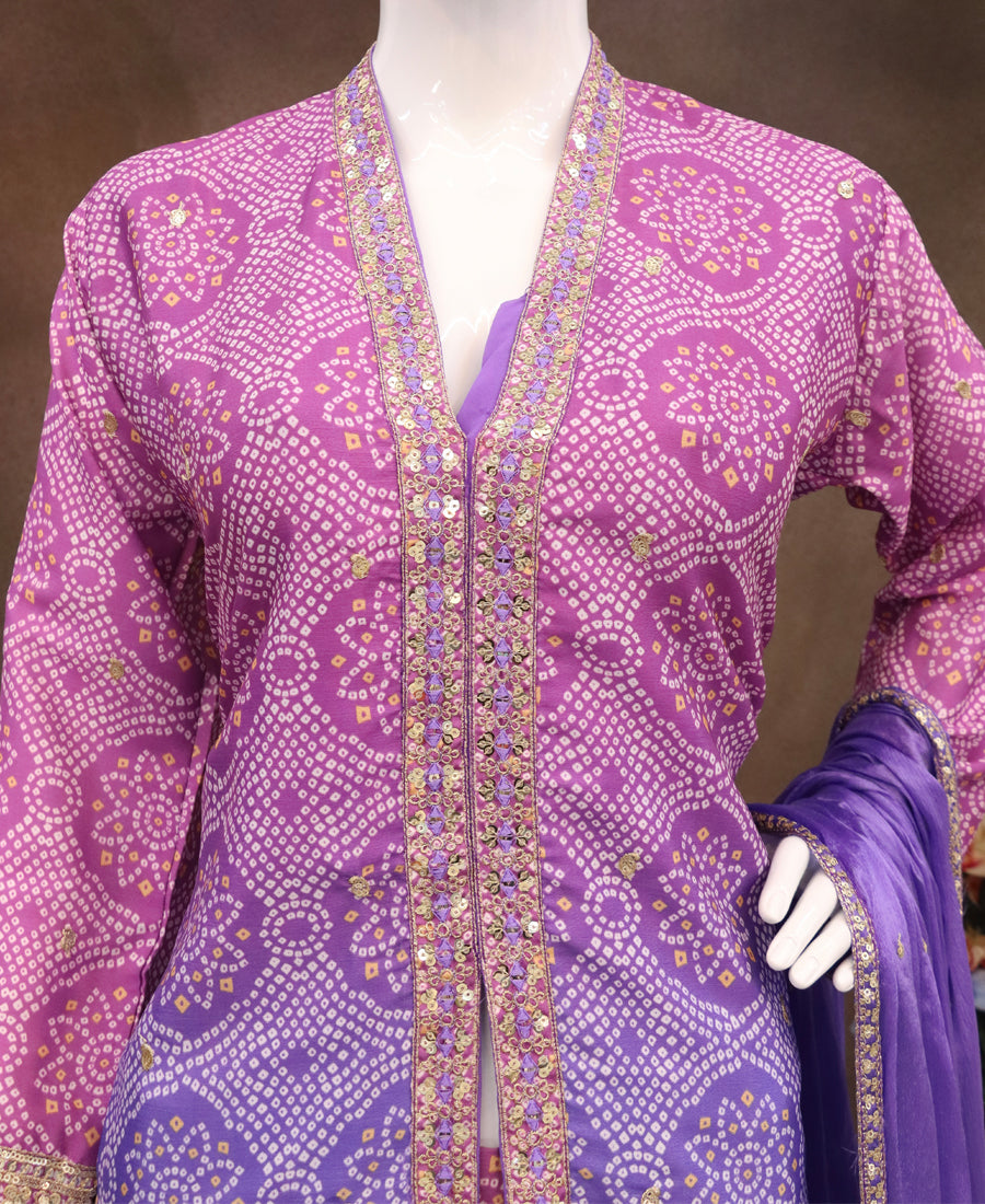 Lilac Bandhni Printed Sharara Suit For Women Festival Wear