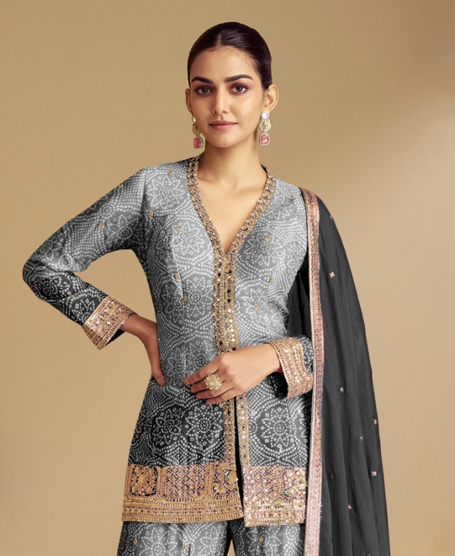 Black Bandhni Printed Sharara Suit For Women Festival Wear