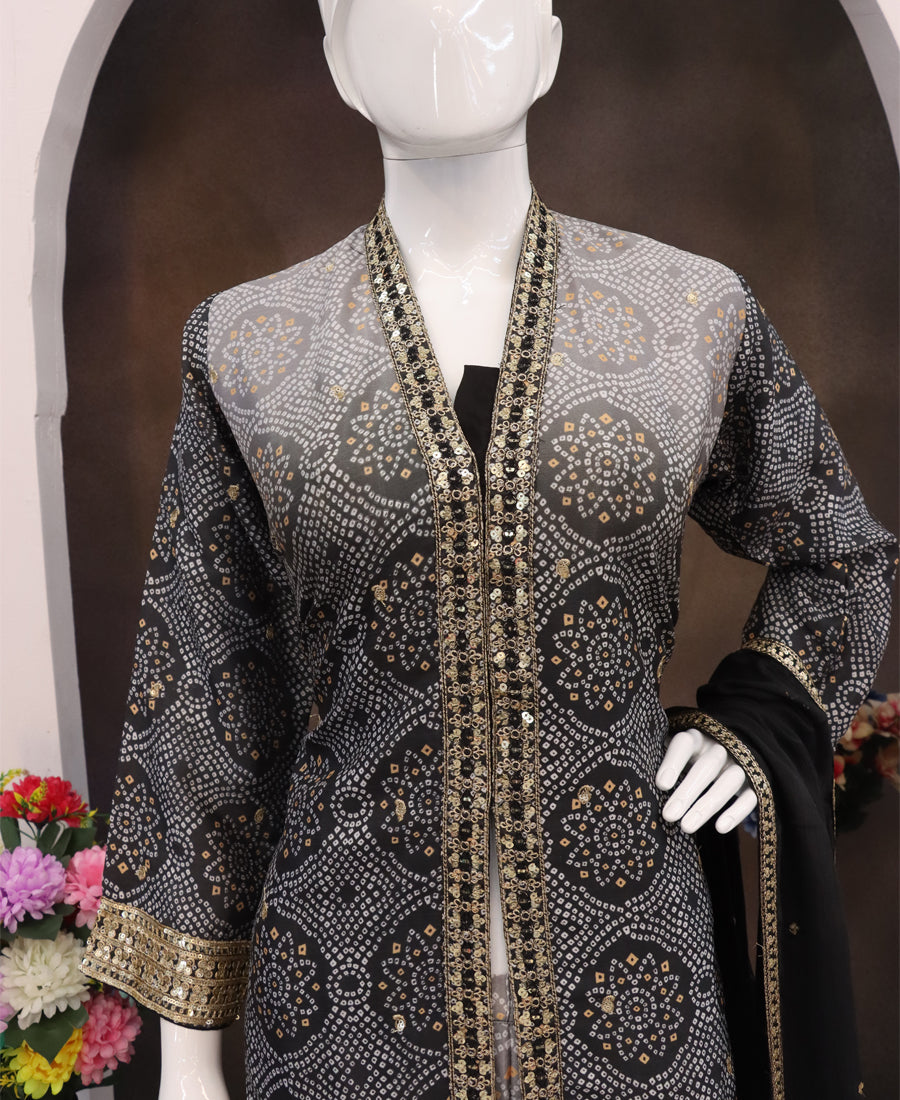 Black Bandhni Printed Sharara Suit For Women Festival Wear