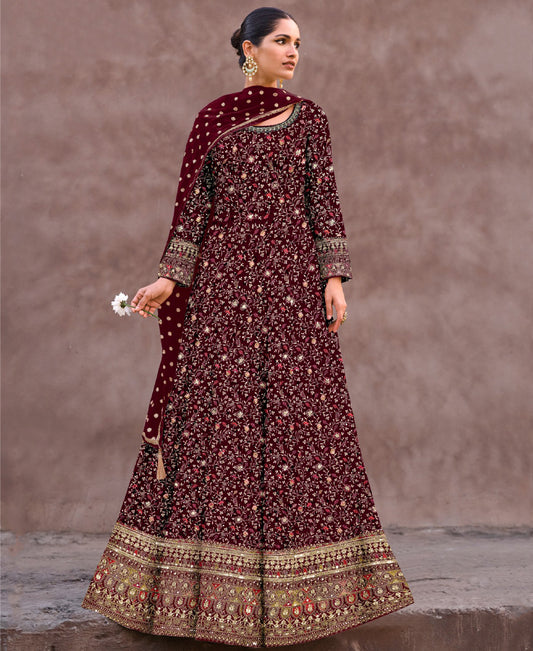 Maroon Georgette Wedding Wear Anarkali Gown