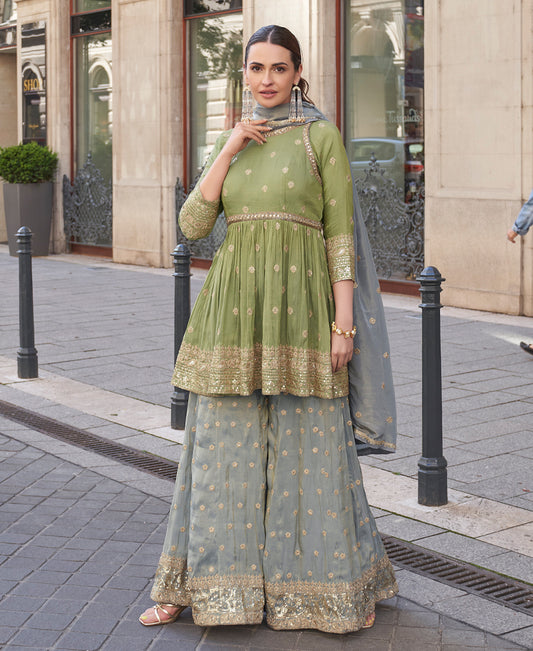 Party Wear Fancy Pista Green Palazzo Suit Set For Women With Dupatta