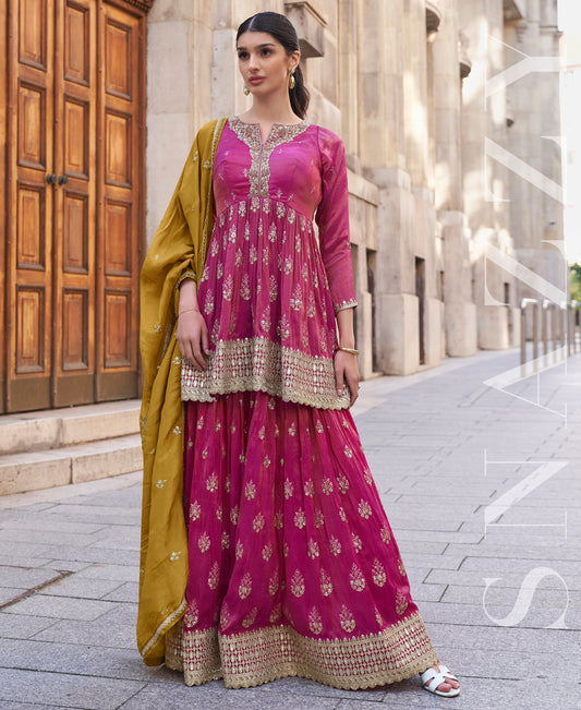 Party Wear Fancy Pink Palazzo Suit Set For Women With Dupatta