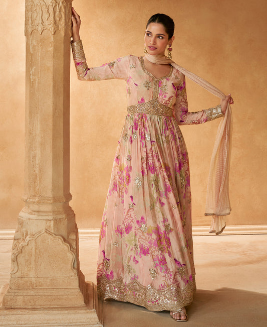 New Pink Floral Printed Chinon Anarkali Set For Women