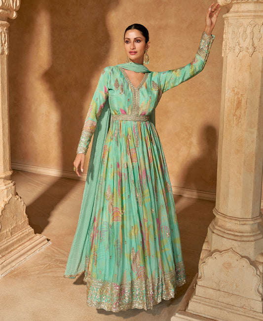 New Green Floral Printed Chinon Anarkali Set For Women