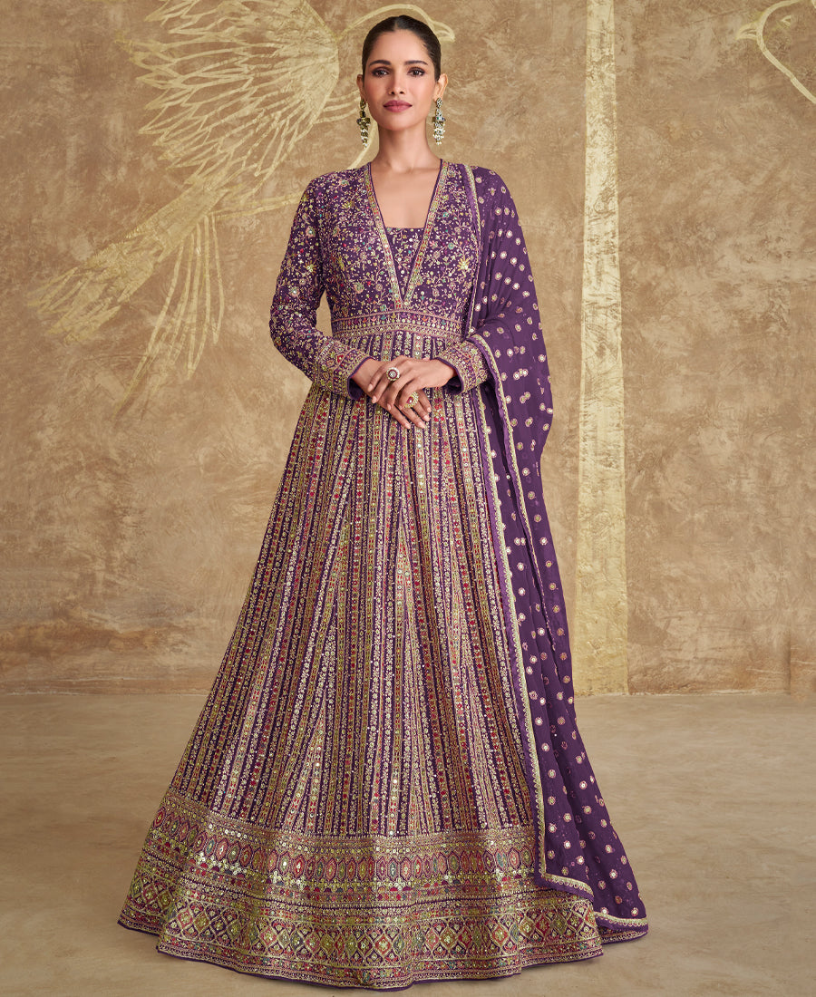Traditional Heavy Embroidered Purple Georgette Anarkali Set For Women